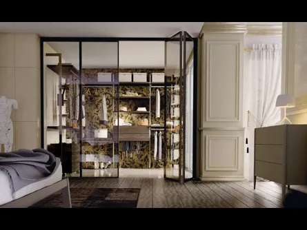 Cabina Armadio Axial System con ante a soffietto in vetro trasparente e nobilitato effetto legno di Dielle Modus