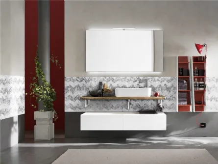 Mobile da Bagno sospeso in melaminico Olmo Gesso Wind 48 con top in legno massello dalla forma irregolare di Ardeco