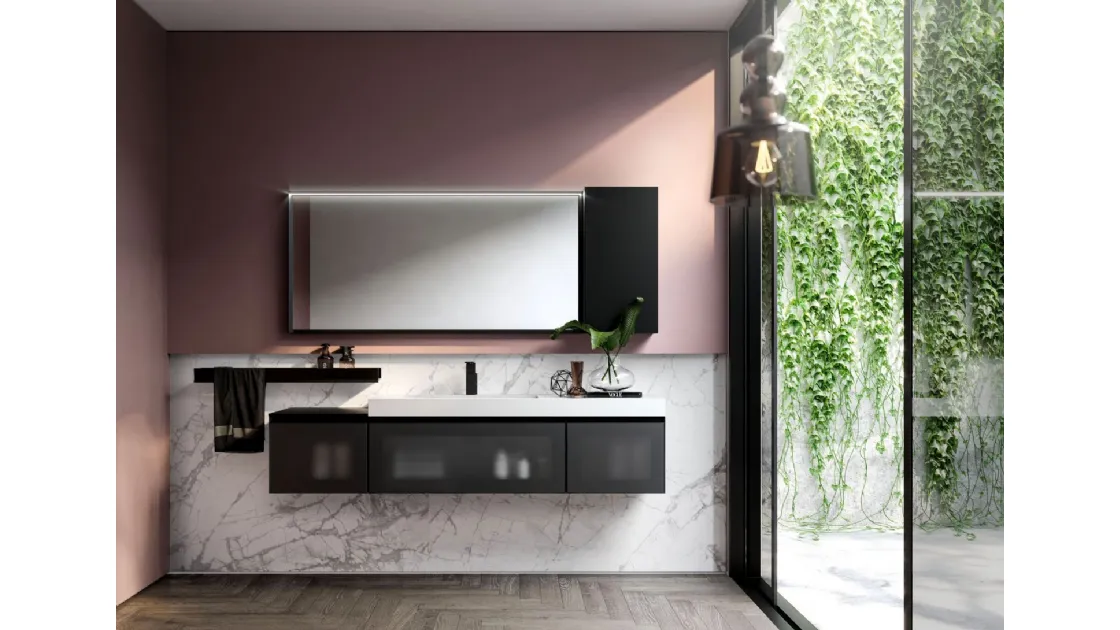 Mobile da Bagno sospeso in vetro e alluminio finitura nero Cubik 02 di Ideagroup