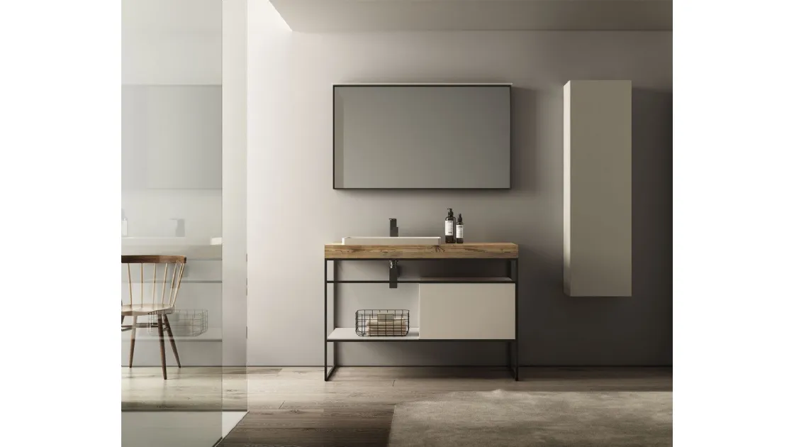 Mobile da Bagno a terra in laccato bianco opaco con top in Abete Vintage naturale e struttura in metallo Dogma 10 di Ideagroup