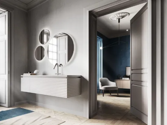 Mobile da Bagno sospeso in Rovere laccato bianco a poro aperto con finitura ondulata Dolcevita 01 di Ideagroup