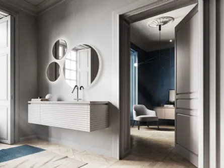 Mobile da Bagno sospeso in Rovere laccato bianco a poro aperto con finitura ondulata Dolcevita 01 di Ideagroup