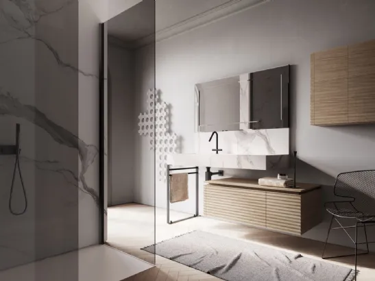 Mobile da Bagno sospeso in Rovere naturale ondulato e Gres Statuario Dolcevita 06 di Ideagroup