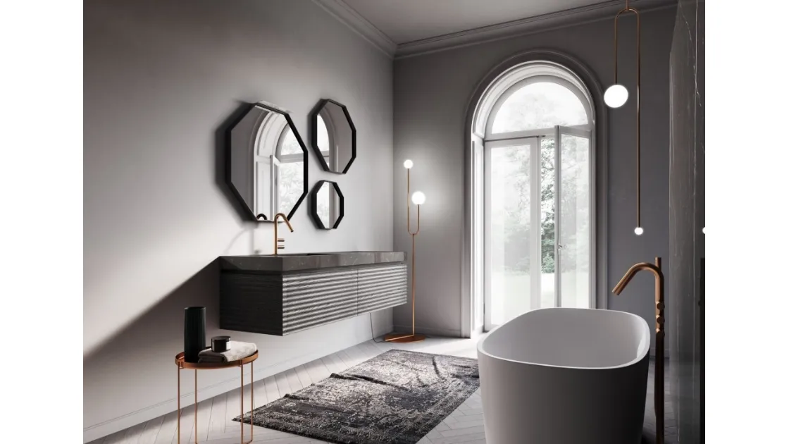 Mobile bagno sospeso laccato rovere grigio marmo nero e specchio ottagonale di Ideagroup