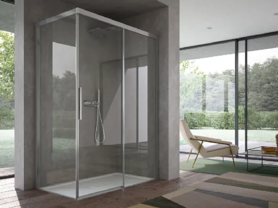 Box doccia angolare in vetro temperato con porta scorrevole e telaio cromato di Ideagroup