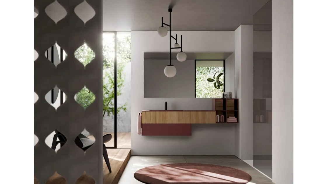 Mobile da Bagno sospeso in Teak sabbiato naturale e Fenix rosso jaipur Sense 11 di Ideagroup