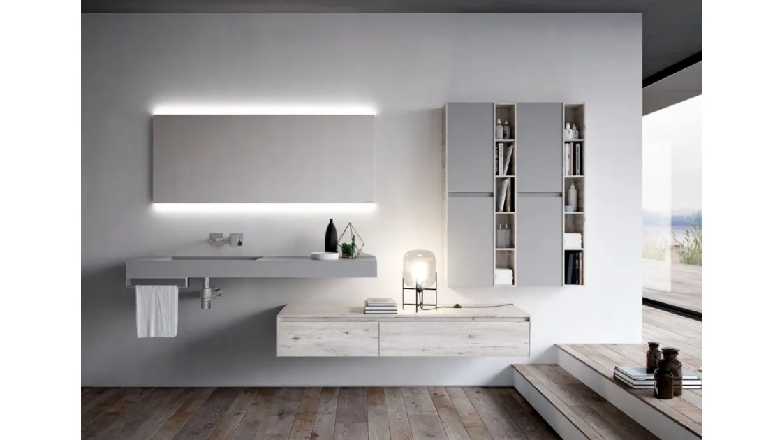Mobile bagno sospeso con effetto legno bianco/grigio e laccato opaco grigio di Ideagroup