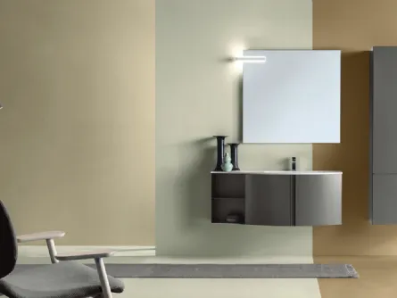 Mobile da Bagno sospeso in Rovere laccato Fango opaco con elemento terminale in metallo Round 05 Mint Ground di Ardeco