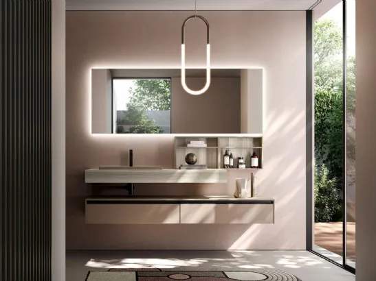 Mobile da Bagno sospeso in laccato biscotto opaco e Teak sabbiato bianco Sense 10 di Ideagroup