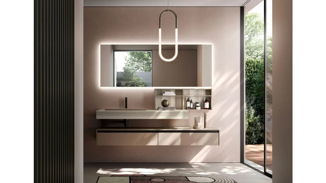 Mobile da Bagno sospeso in laccato biscotto opaco e Teak sabbiato bianco Sense 10 di Ideagroup