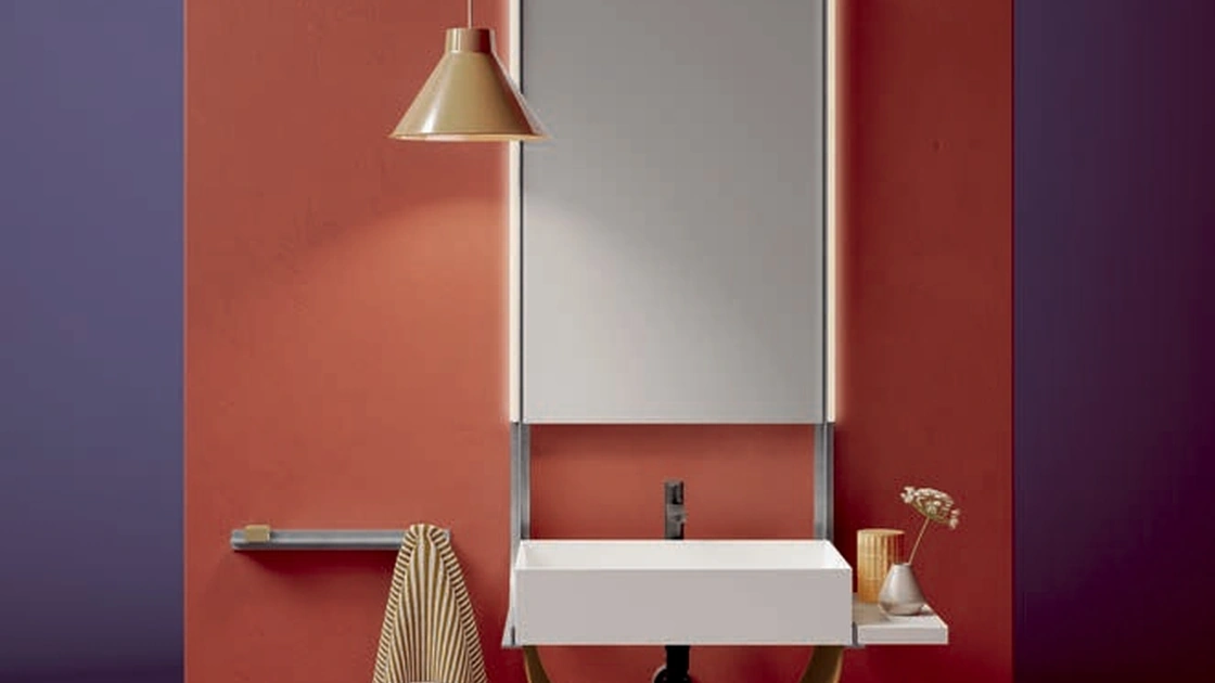 Mobile da Bagno Shaker 02 con mensola in marmo e vano a giorno in cuoio naturale di Ardeco