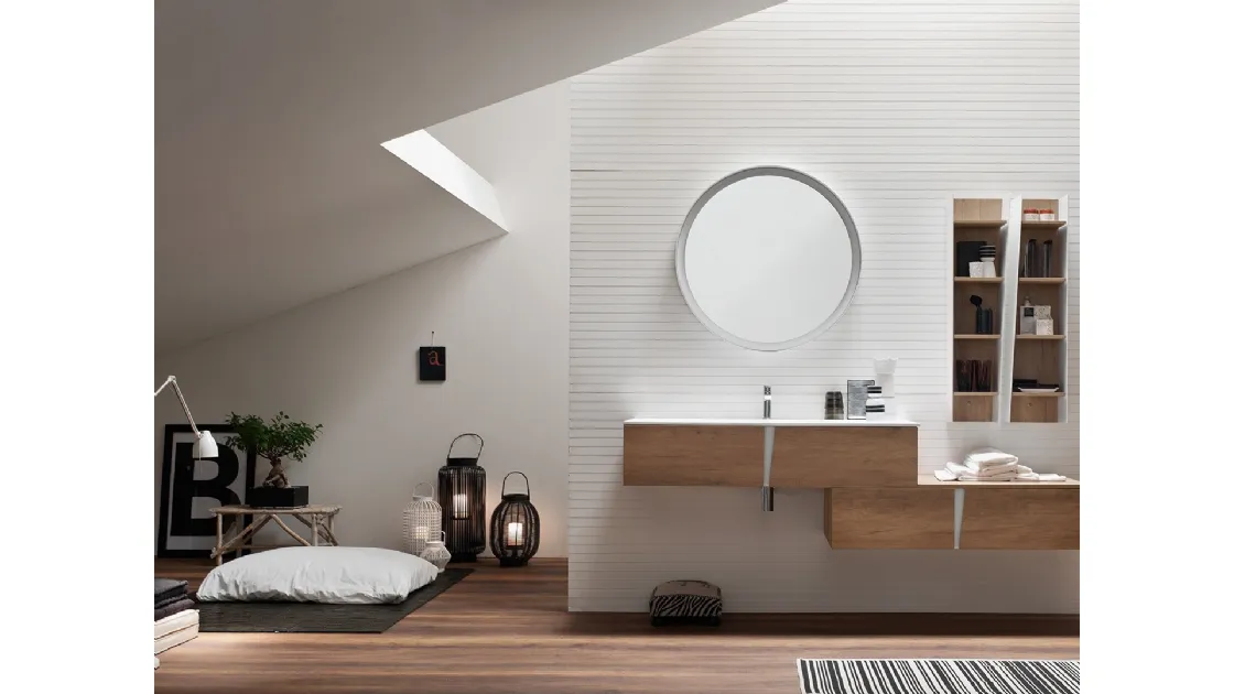 Mobile da Bagno in melaminico Nodato Miele effetto legno con maniglie in metallo Bianco Wector 04 di Ardeco