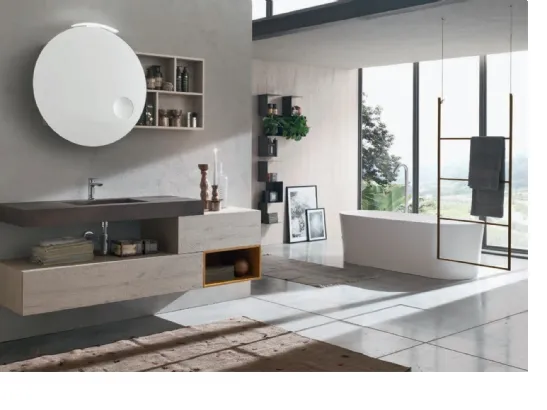 Mobile da Bagno sospeso in melaminico Nodato Bianco con top integrato in HPL effetto ruggine Wind 46 di Ardeco