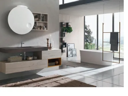 Mobile da Bagno sospeso in melaminico Nodato Bianco con top integrato in HPL effetto ruggine Wind 46 di Ardeco