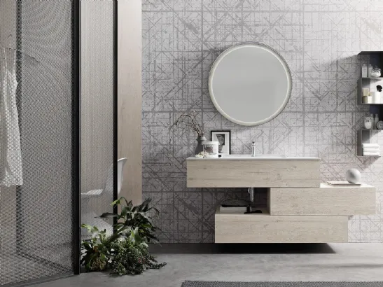 Mobile da Bagno sospeso in melaminico Nodato Bianco con top in mineralmarmo Wind 47 di Ardeco