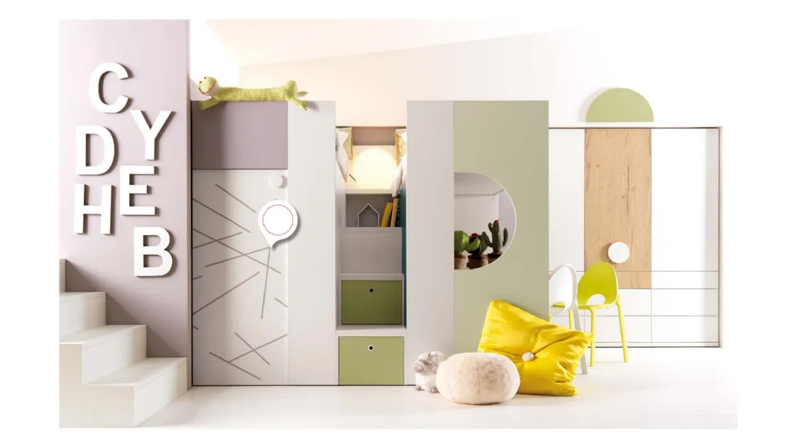 Cameretta con cabina armadio o spazio gioco Alpha Letto a Soppalco G010 di Doimo Cityline