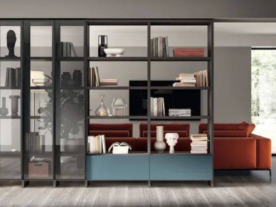 Libreria Living Motus sistema Fluida Grigio Ferro in laccato e alluminio di Scavolini