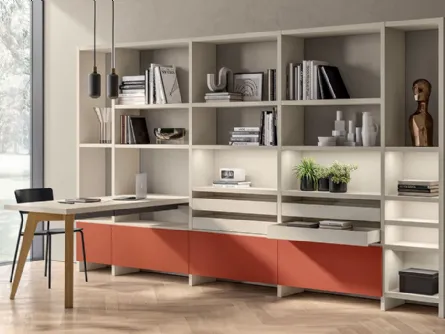 Libreria Living Motus sistema Fluida in laccato opaco di Scavolini