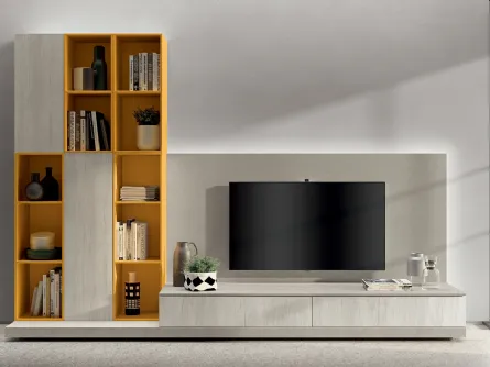 Libreria Living Sax in Texstyle Sabbia e laccato Genziana di Scavolini