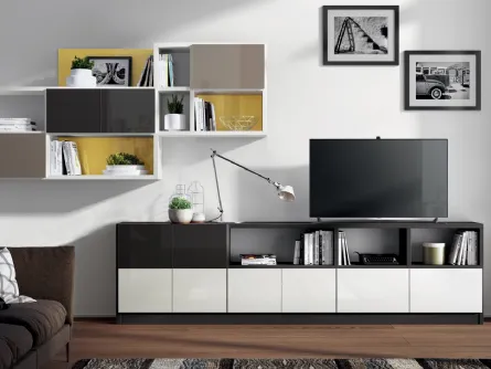 Parete Attrezzata Living Tetrix in vetro laccato lucido Visone e Grigio Ferro di Scavolini