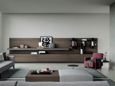 Parete Attrezzata sospesa Line Up 01 in finitura nobilitato design plissédi con top in finitura marmo lava Dielle Modus