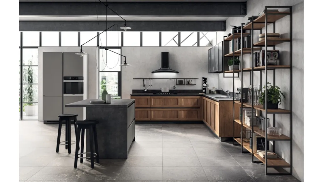 Cucina Moderna angolare con isola Evolution in decorativo Rovere Land e laminato Volcanic Ash di Scavolini