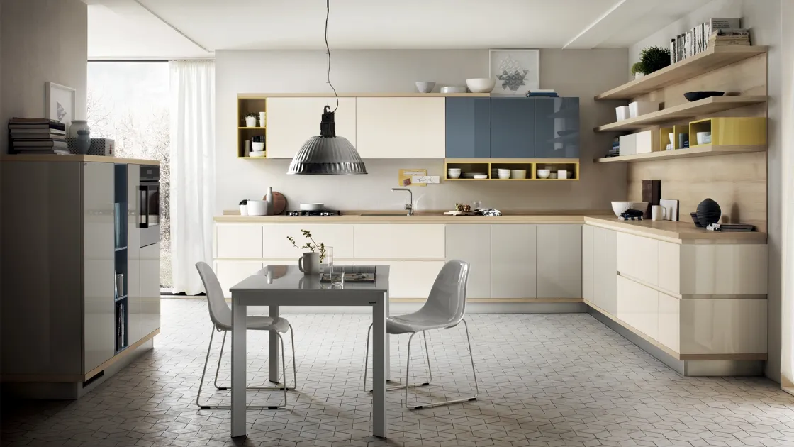 Cucina Moderna Foodshelf laccato Panna, Tortora e Blu Aviazione di Scavolini