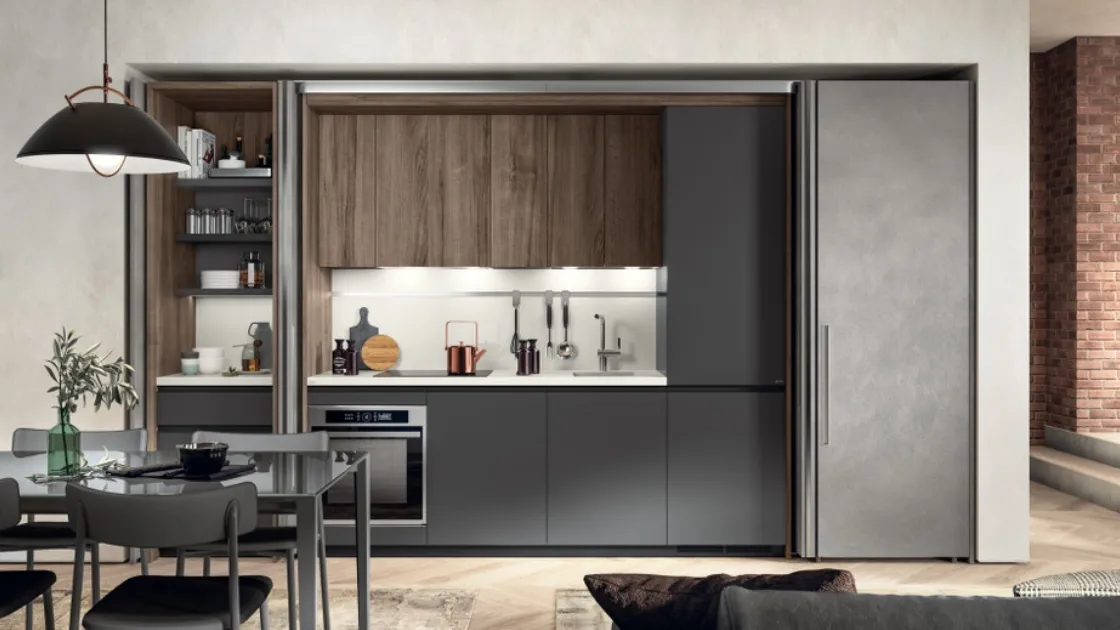 Cucina Boxi in Grigio Ferro opaco e Noce Garden di Scavolini