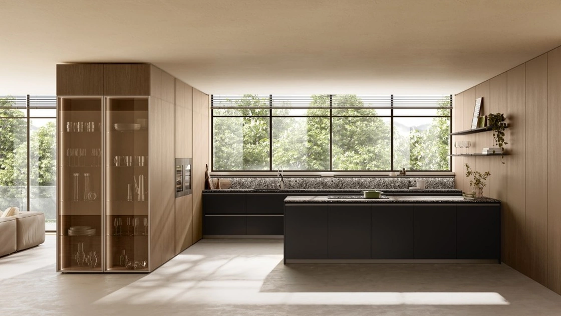 Cucina Moderna con penisola Stilo 02 in decorativo Ink Black e Quercia Toffee di Scavolini