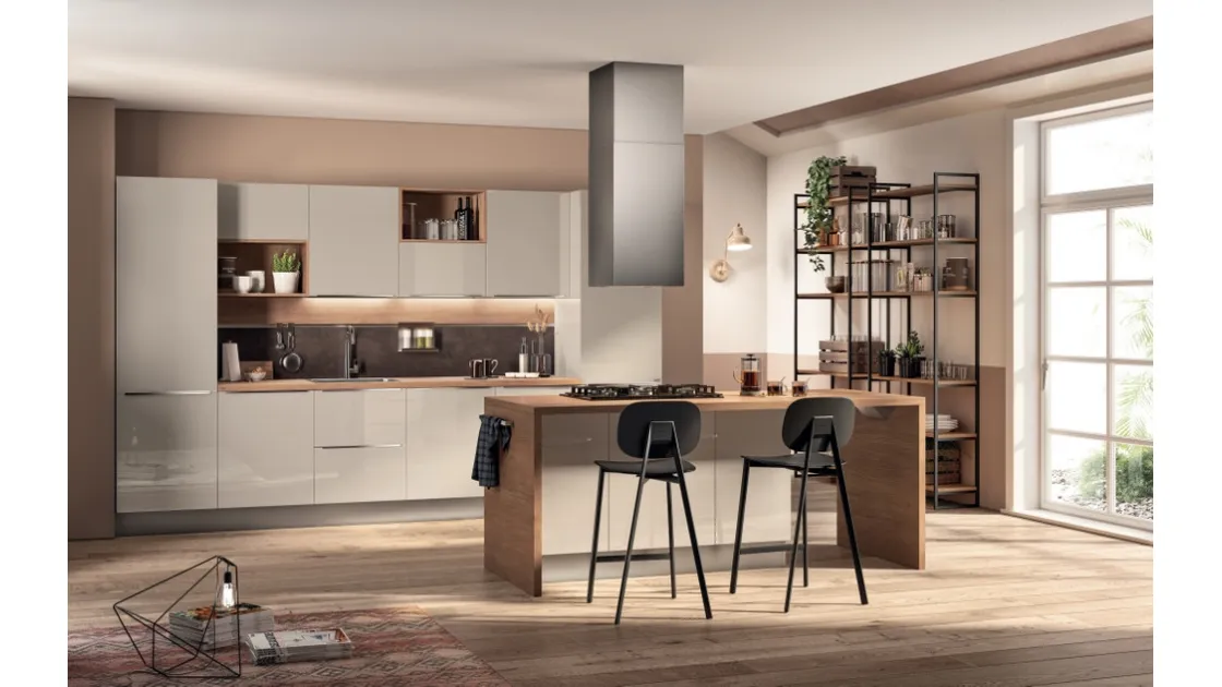 Cucina Moderna con isola Urban & Urban Minimal in laccato lucido Sabbia con top in laminato Rovere Land di Scavolini