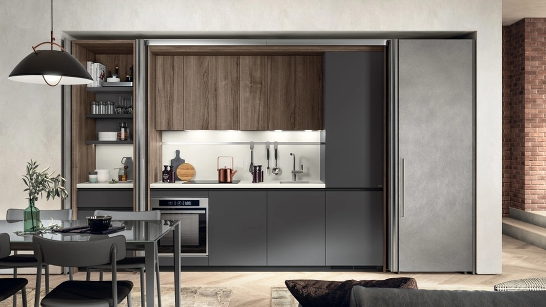 Cucina su misura Boxi 03 in Grigio Ferro opaco e Noce Garden di Scavolini