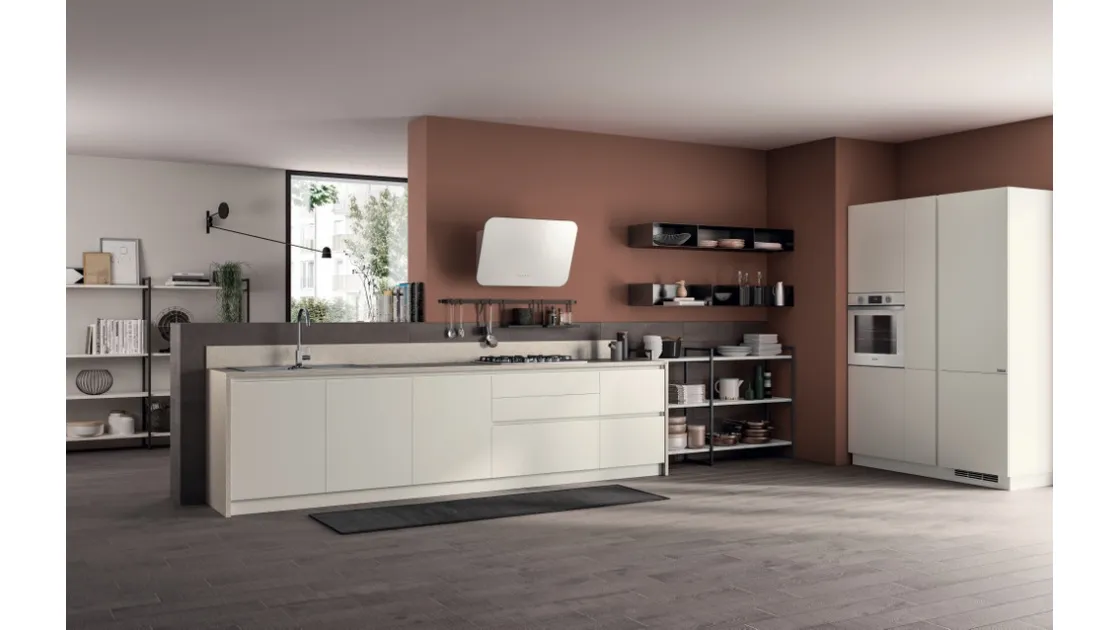 Cucina lineare su misura Evolution in laccato Bianco opaco e mensole in decorativo Concrete Jersey di Scavolini